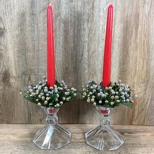 Pair Glass Candlestick Holders with Holiday Candle Rings